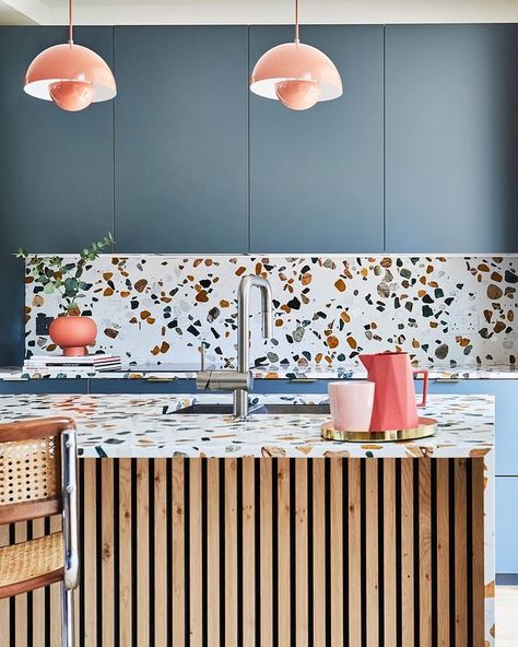 Kitchen Blue Cabinets, Unfitted Kitchens, Kitchen Terrazzo, Terrazzo Counter, Terrazzo Kitchen, Kitchen Blue, Blue Cabinets, Happy Hump Day, Boutique Interior