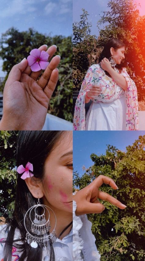 Holi Instagram Layout, Holi Layout Ideas, Holi Asthetic Poses, Holi Poses For Women, Holi Pic Ideas, Holi Poses With Friends, Holi Look For Women, Jhumka Poses, Holi Aesthetic Pictures