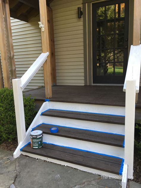 Beam Front Porch, Porch Steps With Landing, Porch Steps With Railing, Front Stairs Ideas Exterior, Steps With Railing, Front Steps Makeover, Porch Steps Ideas, Steps Makeover, Porch Update