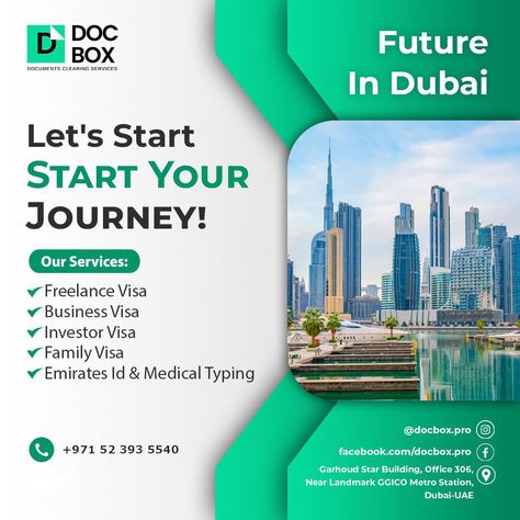 We specialize in turning complex paperwork into seamless journeys. 🚀 Freelance Visa 💼 Investor Visa 🌐 Business Visa 👨‍👩‍👧‍👦 Family Visa 💉 Emirates ID & Medical Typing For more information: 📞 +971 52 393 5540 📧 info@docbox.pro #visa #visaservices #visaconsultants #investorvisa #investorvisadubai #businessvisa #familyvisa #FamilyVisadubai #companyformation #companyformationuae #freelancerdubai Business Visa, Metro Station, Dubai Uae, More Information, Turning, Dubai, Medical, Turn Ons, Instagram