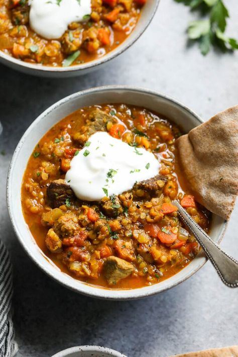 This Moroccan-Spiced Beef and Lentil Stew recipe is a flavorful weeknight dinner, offering hearty stew meat, warm spices, plenty of veggies, and good-for-you lentils. With minimal prep time, it’s a hands-off meal that cooks low and slow for a total time of just over 7 hours. Beef And Lentil Stew, Beef Lentil Stew, Beef And Lentil, Lentil Stew Recipes, Moroccan Beef, Real Food Dietitians, Hearty Stew, Spiced Beef, Dried Lentils