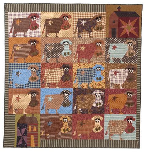 Cows come home, Buggy Barn. I just totally love the eyes. Lol Cow Quilt Pattern, Buggy Barn Quilt Patterns, Cow Quilt, Til The Cows Come Home, Cowboy Quilt, Horse Quilt, Farm Quilt, Barn Quilt Designs, Cute Quilts