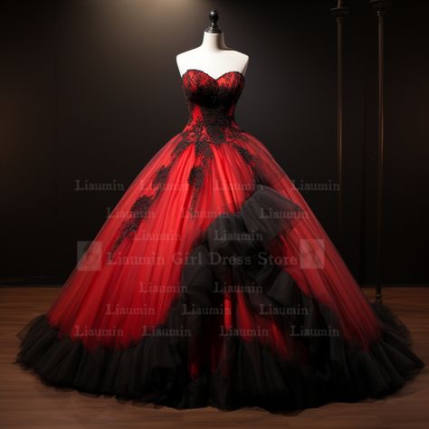 Red N Black Quince Dress, Red And Black Xv Dresses, Black And Red Rose Quince Dress, Black And Red Roses Quinceanera Dresses, Quncie Dresses Red And Black, Black And Red Quinceanera Dresses, Red And Black Gown, Red Quince, Vampire Dress