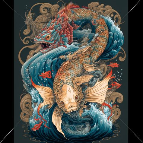 Koi Fish Dragon, Dragon Koi Tattoo Design, Dragon Koi Fish, Koi Dragon Tattoo, Fish Dragon, Tato Suku, Koi Dragon, Koi Tattoo Design, Dragon Fish