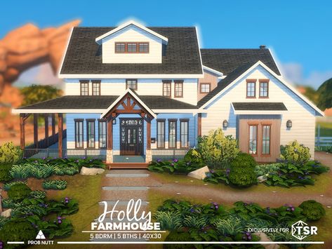 The Sims Resource - Holly Farmhouse Sims 4 House With Wrap Around Porch, Sims 4 Family Farmhouse, Sims 4 Houses Farmhouse, Sims4 Farmhouse, Modern Farmhouse Sims 4, Sims 4 Cc Farmhouse, Sims 4 Farmhouse, House With Wrap Around Porch, White Modern Farmhouse