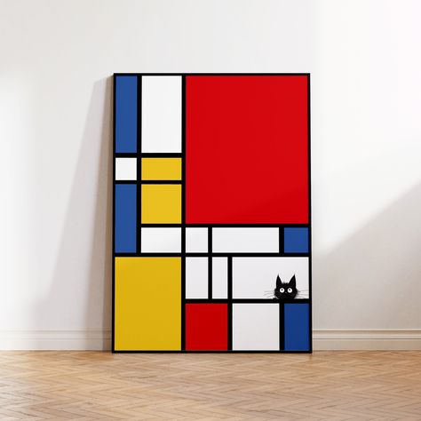 Illuminate your living space with this fun and playful twist on a Piet Mondrian inspired abstract geometric art print. This piece features a cartoon kitty peeking out from between the geometric lines and bold primary colors of red, yellow, blue and white. Give your home a modern style and a fun twist with this abstract modernism art echoing Piet Mondrian's iconic style.  Its universal appeal and fun minimalist design make it easy to integrate into various decor styles and would be purr-fect for Primary Colors Art Design, Primary Color Design, Primary Colors Design, Easy Modern Art, Abstract Art Geometric Design, Primary Color Art, Abstract Art Easy, Mondrian Art Projects, Piet Mondrian Painting