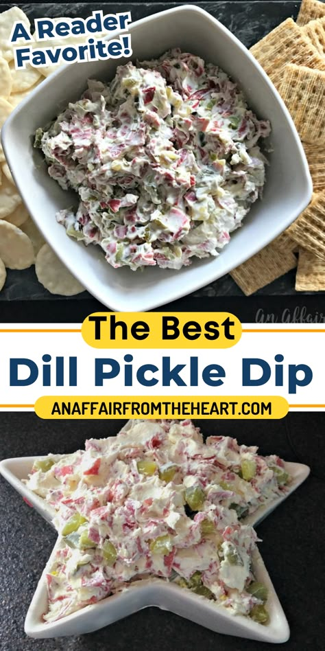 Dill pickle dip in a white, square serving bowl surrounded by crackers. Pickle Wrap Dip, Pickle Dip Recipe, Pickle Wraps, Dill Pickle Dip, Chips Dip, Pickle Dip, Beef Dip, Homemade Ham, Dried Beef