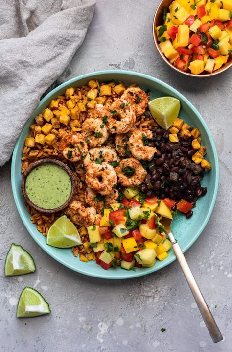 Trader Joe’s Cuban Shrimp Bowls - Dash of Mandi Cuban Shrimp, Cuban Style Black Beans, Shrimp Ideas, Trader Joes Recipes Healthy, Shrimp Bowls, Seasoned Shrimp, Theme Nights, Cilantro Dressing, Joe Recipe