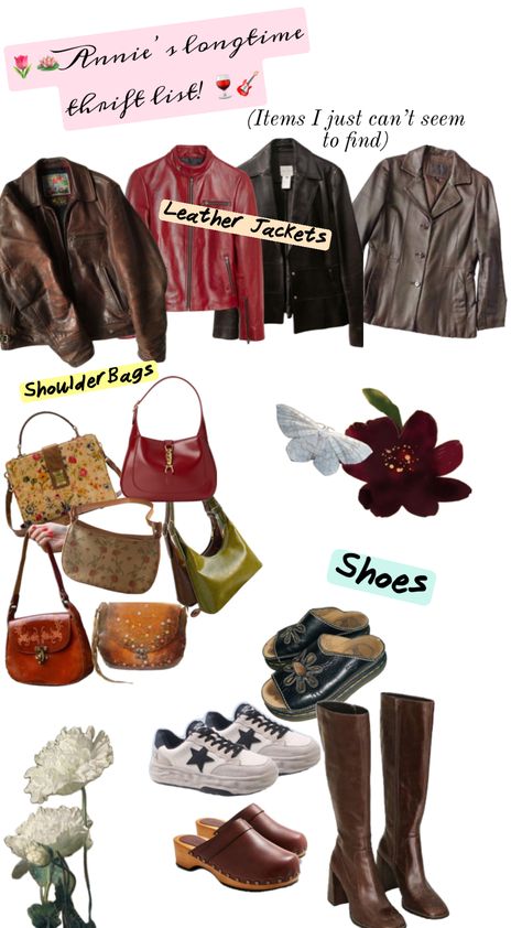 Annie’s longtime thrift list 🍷 (ramble in description:) ) #leatherjacket #sandal #thrift #thrifting #vintage #outfitinspo Thrift Finds Clothes, Thrifting Vintage, Thrift List, Thrift Wishlist, 2024 Fits, Dope Style, Thrift Inspo, Thrifted Outfits, Winter Break