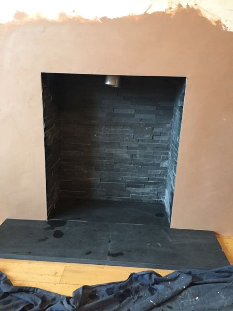 Black Slate Split Face Tile Chamber Fire Chamber Ideas, Split Face Tiles Fireplace, Slate Tile Fireplace, Black Slate Fireplace, Brick Wall Fireplace, Black Tile Fireplace, Gas Fireplace Ideas Living Rooms, Slate Fireplace Surround, Stove Surround