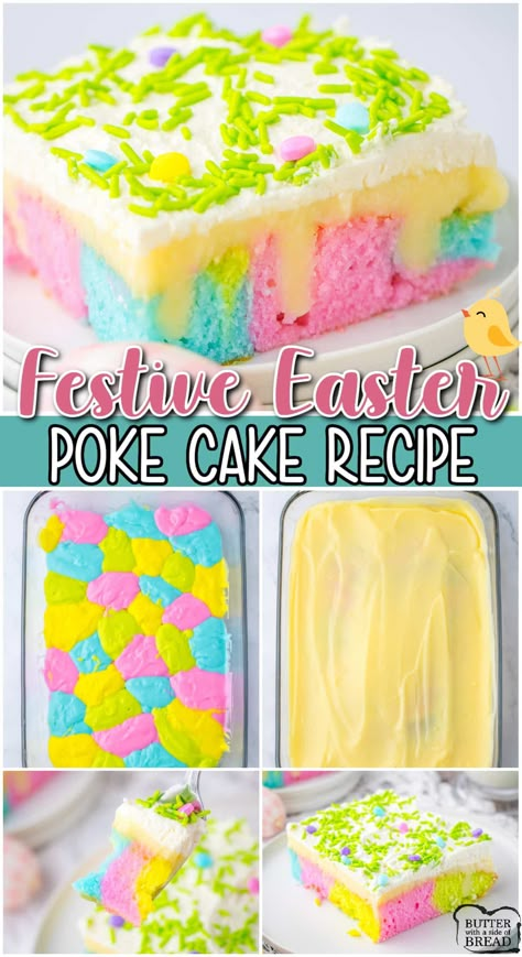 EASTER POKE CAKE - Butter with a Side of Bread Easter Dessert Cake, Cake Ideas For Easter, Poke Cake Cupcakes, Peep Desserts, Fun Poke Cakes, Cakes For Easter, Easter Jello Poke Cake Recipe, Easy Easter Cake, Easter Poke Cake Recipes