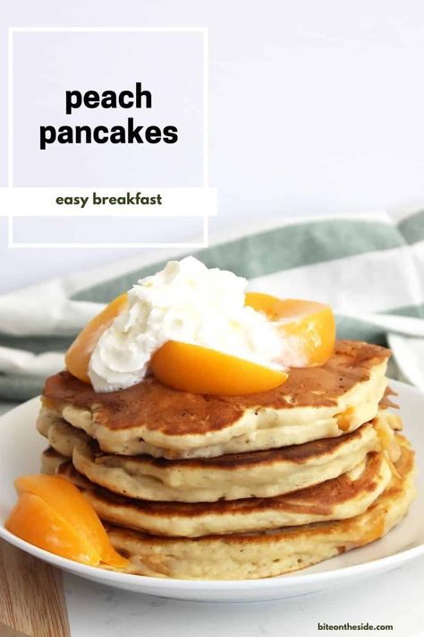 Mornings got a whole lot tastier with these delicious peach pancakes. This classic fluffy American buttermilk pancake recipe is stuffed full of peaches and topped with whipped cream for a tasty breakfast or brunch. Quick and easy to make, peaches and cream pancakes are the perfect way to wake up! #peachpancakes #buttermilkpancakes #pancakeswithfruit Easy Fresh Peach Recipes, Peach Recipes Easy, Peach Snacks, Peach Recipes Dessert, Peach Recipes Breakfast, Peach Recipes Dinner, Healthy Peach Recipes, Buttermilk Pancake Recipe, Sausage Egg Bake