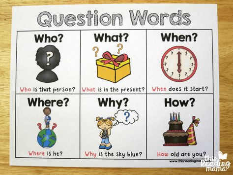 question words chart - comes in color and black and white Wh Questions Kids, Question Words, English Grammar For Kids, Grammar For Kids, Reading Anchor Charts, Word Poster, Wh Questions, Grammar Activities, Kids English