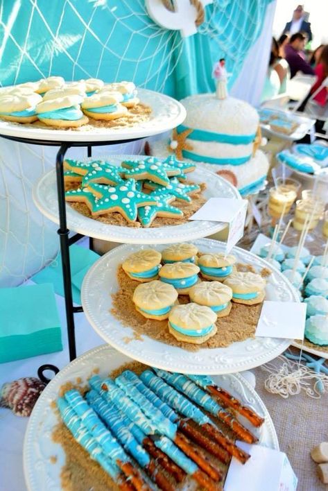 Beach Wedding Dessert Table, Beach Theme Desserts, Beach Theme Birthday, Beach Themed Wedding, Beach Baby Showers, Ocean Birthday Party, Mermaid Theme Birthday Party, Beach Birthday Party, Beach Table