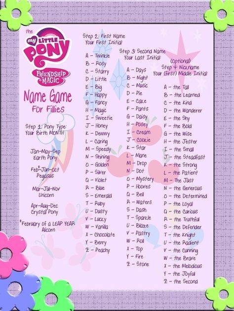 What Is Your My Little Pony Name                                                                                                                                                                                 More Mlp Oc Ideas Names, Leprechaun Names, My Little Pony Names, Names Generator, Birthday Scenario, Crystal Ponies, Unicorn Names, My Little Pony Birthday Party, Pony Birthday Party