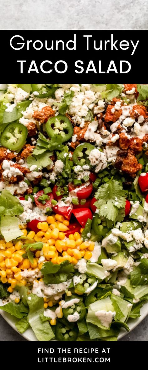 Ground turkey taco salad with perfectly seasoned taco meat served over crisp romaine lettuce with fresh veggies and creamy cilantro ranch dressing. It’s a great meal prep salad! This fresh ground turkey taco salad swaps out the typical ground beef for lean ground turkey and serves it over chopped romaine lettuce. Topped with loads of fresh toppings and a drizzle of our easy cilantro ranch dressing. Turkey Taco Salad Recipe, Ground Turkey Taco Salad, Turkey Taco Salad, Healthy Tacos Salad, Ground Turkey Tacos, Fresh Tomato Salsa, Turkey Tacos, Best Meal Prep, Taco Salad Recipes