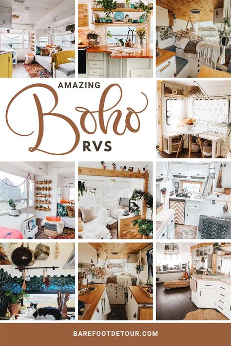 Beautiful Boho RV remodels to inspire your next renovation and make you swoon big time! Bohemian-inspired remodels of fifth wheels, motorhomes, vans and camper trailers. #bohocamper #bohorv #bohorenovation #bohoinspiration #bohovan #bohemianrv #bohemiancamper #bohemiantrailer Motorhome Renovation Ideas, Rv Redecorating Ideas, Rv Interior Remodel Rv Makeover, Colorful Camper Interior, Boho Camper Remodel, Boho Camper Van, Boho Rv, Camper Renovations, Boho Camper