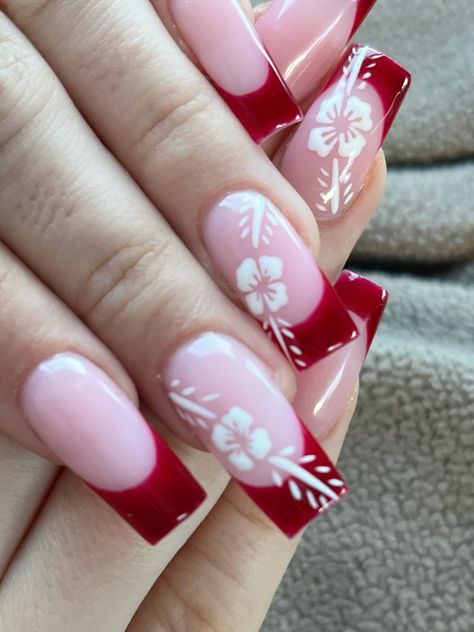 Red Square Nails, France Nails, Red French Tip Nails, French Tip Toes, Red French Tip, Red Acrylic Nails, Red French, Flower Nail Designs, Flower Red