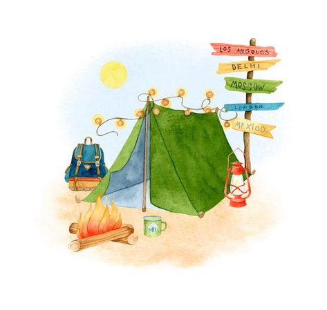 Watercolor Tent Camping, Tent Watercolor, Camping Watercolor, Tent Drawing, Camp Signs, Camping Illustration, Camping Drawing, Camping Girl, Camping Cards