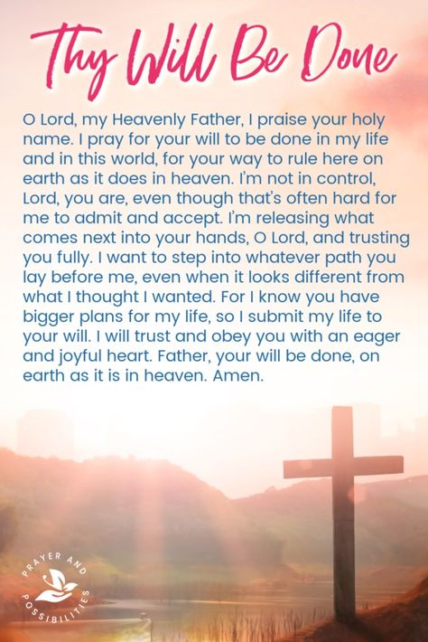 Praying through the Lord’s Prayer: Thy will be done. Pray for God’s plan, not mine. Pray to submit your will to God, following where he leads in trust and obedience. Lord Let Your Will Be Done, Prayer For God's Will In My Life, God Help Me Through This, Prayer For Faith, Let Your Will Be Done, Gods Plan Quotes, Trust Gods Plan, Our Father Prayer, Prays The Lord