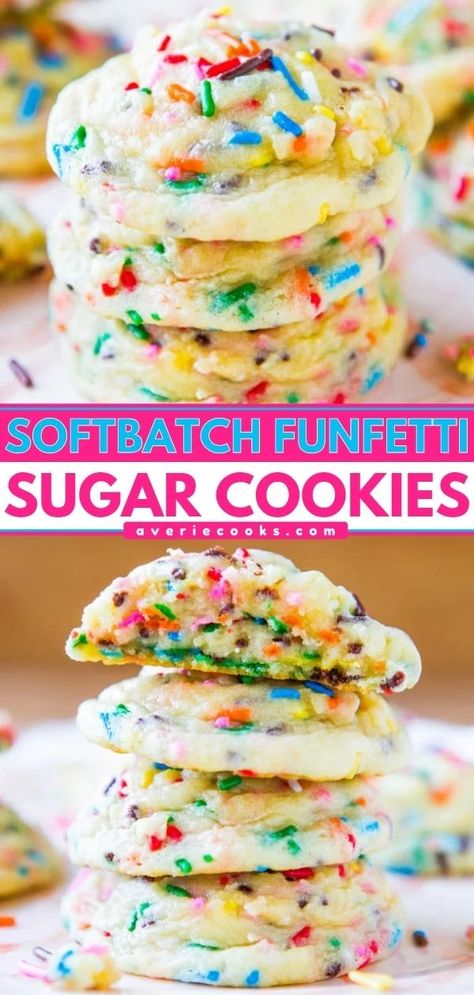 Easy Funfetti Cookies (From Scratch!) - Averie Cooks Christmas Funfetti Cake Mix Cookies, Confetti Cookies Recipe Cake Mixes, Funfetti Sandwich Cookies, Birthday Cake Sugar Cookies, Fun Fetti Cookies, Confetti Recipes, Funfetti Cake Cookies, Cake Flour Cookies, Cookie Recipe From Scratch