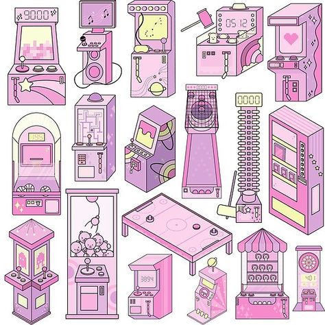 Pastel Pink Arcade Games - White Arcade Aesthetic Drawing, Arcade Drawing Reference, Arcade Game Drawing, Arcade Machine Drawing, Pastel Arcade, Arcade Drawing, Arcade Illustration, Kawaii Arcade, Anime Arcade