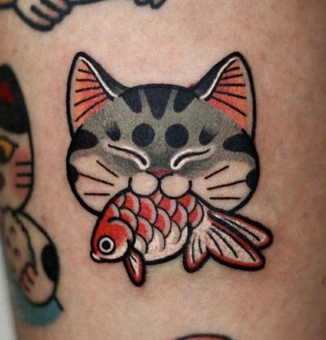 Tattoos Cartoon Style, Red American Traditional Tattoo, Lucky Cat Tattoo Traditional, Vintage American Traditional Tattoo Flash, Socal Tattoo, Cat Traditional Tattoo, American Traditional Cat Tattoo, Tatuajes Old School, Traditional Knee Tattoo