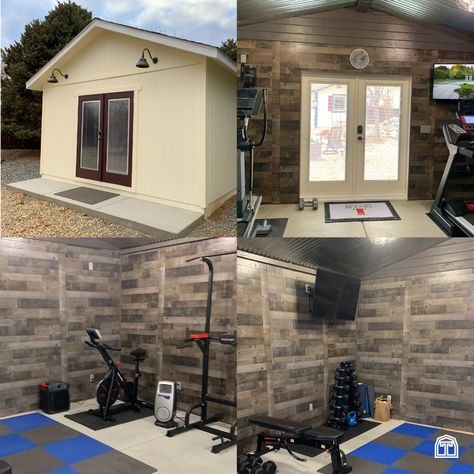 Looking for a home workout? This home gym is the perfect inspiration. Work out from home with your own home gym. This Tuff Shed garage is finished out with rubber mats, exercise equipment, and plenty of flatscreens to make for one great home gym. This backyard gym is a great way to stay in shape at home, whether you have a set weekly fitness routine or just want to get in some exercise a few days a week. Get in shape with a home gym right in your backyard. 2 Car Garage Home Gym, Modern Home Gym Design Small, Tuff Shed Home Gym, Backyard Shed Gym, She Shed Gym, Gym Shed Ideas, Exercise Shed, Backyard Gym Shed, Tuff Shed Garage