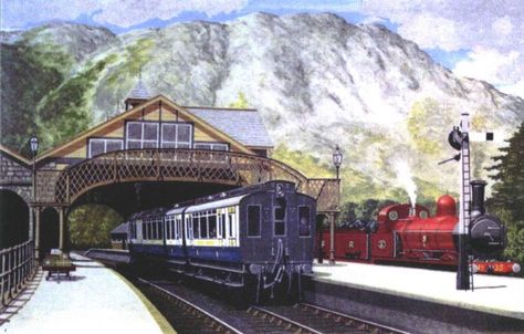 Journey's end: The Coniston station on the branch line from Foxfield shown in a painting by Vic Welch CUMBRIAN RAILWAY ASSOCIATION rail-nov-03 Railway Station Illustration Art, Old Railway Station, Steam Art, Shornur Railway Station, Furness Railway K2, Railway Museum, Steam Railway, Transiberian Railway, Railway Posters