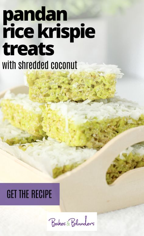 Pandan Rice Krispie Treats with Coconut - Bakes and Blunders Pandan Rice Crispy Treats, Coconut Bakes, Pandan Rice, Lao Food, Coconut Baking, Asian Rice, Laos Food, Rice Krispy, Puffed Rice