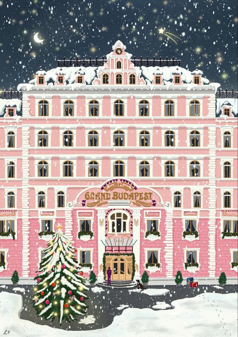 My own interpretation based on the famous movie „Grand Budapest Hotel“ by Wes Anderson. Painted in Procreate. Not for sale. #grandbudapesthotel #procreate #cozychristmas #winterwonderland #snow #christmastreeideas #digitalart #christmaspresents #wesanderson Grand Budapest Hotel Illustration, Wes Anderson Christmas, Christmas Movie Wallpaper, Christmas Poster Ideas, Budapest Winter, Christmas Hotel, Xmas Drawing, Wallpaper Tumblr Lockscreen, The Grand Budapest Hotel