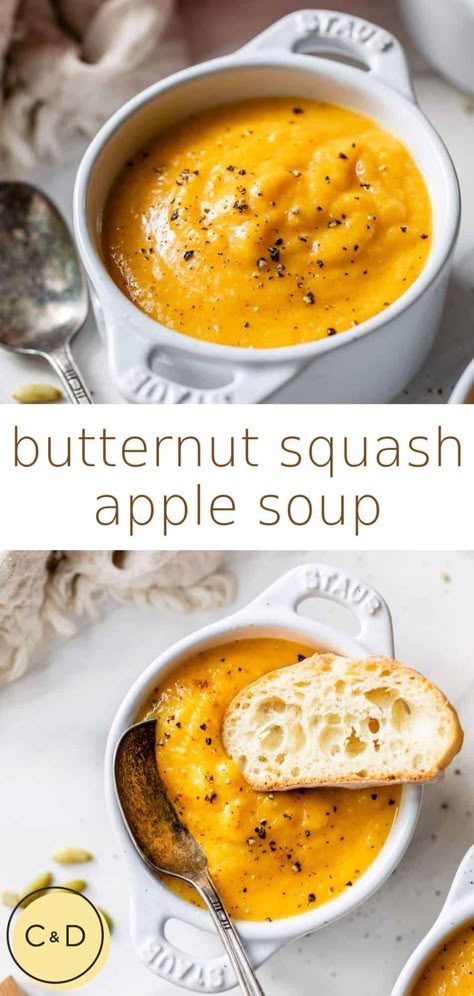 Incredibly creamy and nourishing roasted butternut squash apple soup is the perfect option for a quick, comforting dinner at home, and as an added bonus, it will make your house smell like the magic of fall! This recipe is super easy to make, naturally gluten-free and easily made vegan, and SO flavorful. Butternut Squash Soup With Apples, Soup With Apples, Easy Butternut Squash Soup, Squash Acorn, Squash And Apple Soup, Squash Apple Soup, Butternut Squash Apple Soup, Pescatarian Meals, Butternut Squash Apple