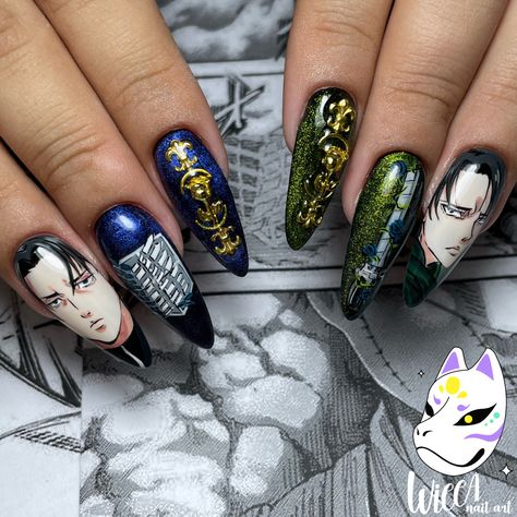 Nail art anime wiccanailart shingeki snk Aot Anime Acrylic Nails, Levi Ackerman Nails, Attack On Titan Nail Art, Attack On Titan Nails, Anime Nails, Dope Makeup, Levi Ackerman, Art Anime, Acrylic Nail Designs