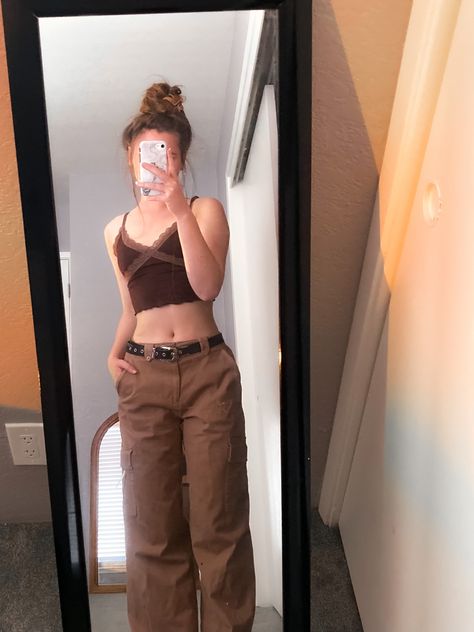 brown cargos 
brown tank top 
hollister 
h&m 
outfit Brown Lacy Tank Top, Brown Lace Tank Top Outfit, Brown Cargo Outfit, Brown Tank Top Outfit, Lace Cami Outfit, Beige Top Outfit, Brown Y2k Outfit, Brown Top Outfit, Cargo Outfits Women