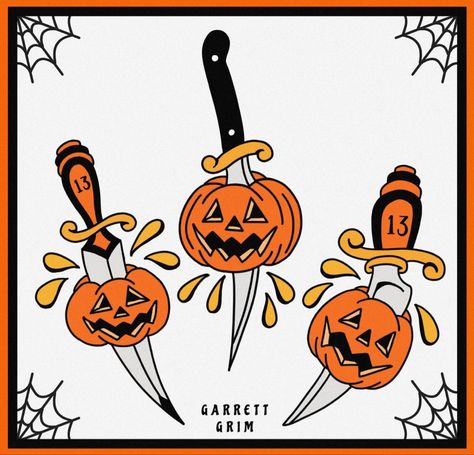 Halloween Pumpkins Tattoos Dagger Spiderweb Horror Flash Sheet Spooky Knife Tattoos, Pumpkin Flash Tattoo, Fall Flash Tattoo, Horror Flash, Cute Halloween Food, Halloween Flash, Pumpkin Tattoo, Food Tattoos, Knife Tattoo