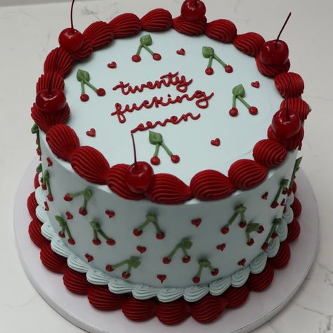 27 🍒🩵 - Cake Details - Size: Standard 7” (two layers) Add-ons: Maraschino cherries (edible) currently not offered #emmacakesseattle #seattle #cakes #custom #seattlecustomcakes #cherry #cherrycake #cherries #vintagecakesseattle Cherry Cake Design, Birthday Cale, Birthday Poses, Sheet Cake Designs, Shape Cake, Maraschino Cherries, Heart Shaped Cakes, Cherry Cake, Inspo Instagram