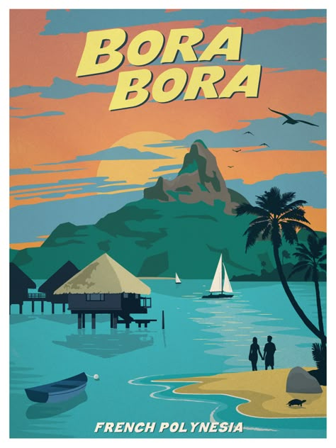 Vintage borabora print final smaller Surfer Art, Funny Flamingo, Postal Vintage, Tourism Poster, Travel Vintage, Retro Posters, Venice Travel, Retro Travel Poster, 수채화 그림