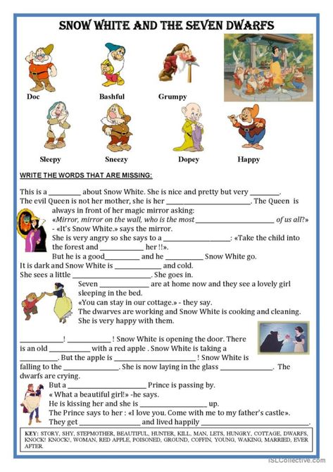 Snow White Activities For Kids, Fairytale Worksheets, Snow White Activities, Snow White Short Story, Disney Worksheets, Snow White Story, Snow White Fairytale, English Primary School, Disney Activities