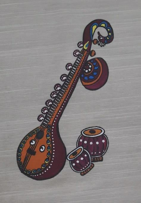 Veena Painting, Chunni Designs, Painting Blouses, Blouse Painting, Saree Borders, Saraswati Mata, Kalamkari Art, Cultural Design, Mdf Design