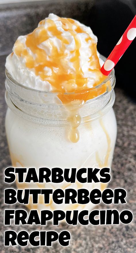 Hey Harry Potter fans! Did you know you can order a Butterbeer Frappuccino at Starbucks from their "Secret Menu"? I'm going to show you how and give you a recipe to make a Starbucks Butterbeer Frappuccino right at home! Butterbeer Frappuccino Recipe, Butterbeer Frappuccino Starbucks, Butterbeer Starbucks, Starbucks Butterbeer Recipe, Pumpkin Spice Frappuccino Recipe, Butterbeer Frappuccino, Vanilla Frappuccino, Pumpkin Spice Frappuccino, Starbucks Lemon