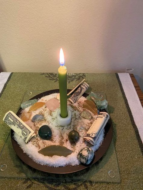 Money Crystals And Stones, Manifesting Stones, Prosperity Altar, Green Stones And Crystals, Money Alter, Cinnamon Abundance, Money Spirituality, Money Altar, Salt For Protection