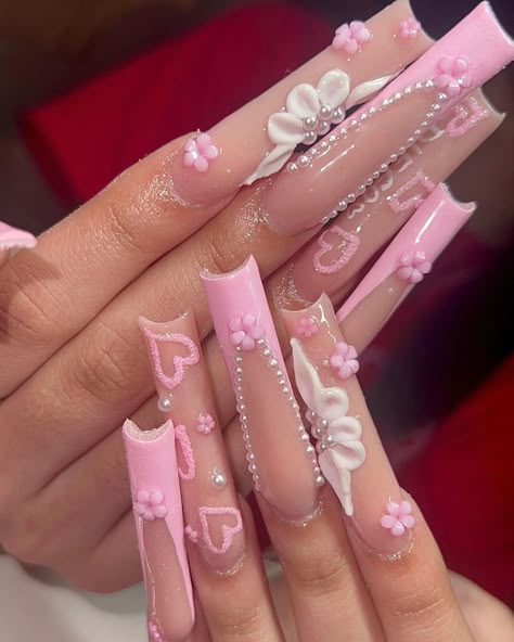 Pink Y2k Nails Acrylic, Pink Nails Long Square, Long Pink Nail Designs, Pink Valentines Nails Acrylic, Valentines Pink Nails, Valentines Nails Long, Xxl Nail Designs, Long Pretty Nails, Latina Nail Designs Pink