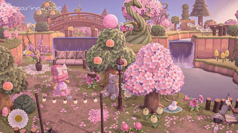 ACNH island entrance in Cherry Blossom season Animal Crossing Cherry Blossom Island, Acnh Cherry Blossom Ideas, Cherry Blossom Island Acnh, Acnh Cherry Blossom Path, Acnh Cherry Blossom Code, Acnh Sakura Path, Acnh Cherry Blossom Path Designs, Acnh Romantic, Cherry Blossom Animal Crossing