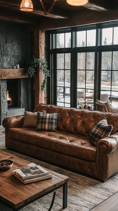 Mid-Century Loveseat in Cozy Mountain Lodge Setting Modern Hunting Lodge Interior Design, Mountain Luxury Decor, Vintage Hunting Lodge Decor, Old Money Cabin Aesthetic, Mid Century Lodge, Mountain Cottage Aesthetic, Modern Cozy Cabin Interior, Mountain Lodge Aesthetic, Mountain Home Decor Ideas