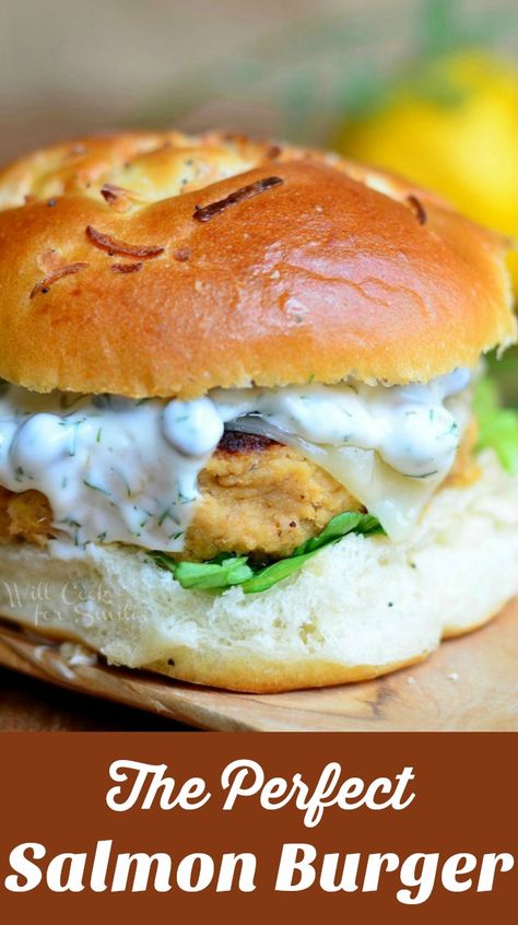 The Perfect Salmon Burger. Delicious salmon patty served on an onion roll, with picked, cheese and topped with caper dill sauce!! willcookforsmiles.com Salmon Patties Sandwich, Salmon Patties Burgers, Salmon Patty Burger, Salmon Sandwiches Recipes, Salmon Sandwich Sauce, Salmon Patty Sandwich, Toppings For Salmon Burgers, Dill Sauce Salmon, Salmon Burger Toppings