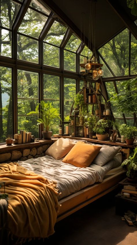 Biophilic Bedroom Ideas, Greenhouse Guest Room, Bedroom With Lots Of Plants, Greenhouse Bedroom, Biophilic Decor, Biophilic Bedroom, Cozy Treehouse, Luxury Bedroom Interior Design, Luxury Bedroom Interior