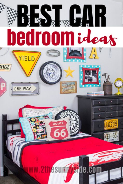 The Best Car Bedroom Ideas | Sunny Side Design Lightning Mcqueen Room Decor, Race Car Room Boys, Race Car Toddler Room, Cars Room Theme Little Boys, Garage Theme Bedroom, Car Bedroom Ideas For Boys, Car Bedroom Ideas, Vintage Car Room, Hot Wheels Bedroom