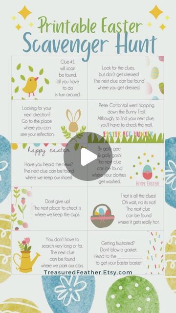 Treasured Feather on Instagram: "🐣Get ready for an egg-citing Easter adventure with our printable scavenger hunt clue card set! 🌼 Perfect for adding fun and laughter to your holiday celebrations. Click the link in our bio to grab yours now!
•
•
•
#EasterFun #EasterAdventure #EggHuntFun #SpringCelebration #EasterClues #PrintablePartyGames #FamilyFun #EasterActivities #DIYEaster #EasterDecor #HolidayHunt  #easteregghunt #easteregg #egghunting #easterbasket #easter #easterprintables #easterhuntclues #scavengerhunt #easterscavengerhunt #eastereggscavengerhunt #easter2024 #easterbunny #athomeactivities #activitiesforkids #thingstodowithkids #digitaldownload #printables #printable" Easter Egg Scavenger Hunt, Printable Scavenger Hunt, Easter Scavenger Hunt, Scavenger Hunt Clues, Easter Hunt, Spring Celebration, Easter Printables, Easter Activities, Easter Fun