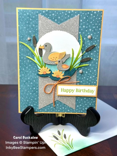 Stampin’ Up! Charming Duck Pond Birthday Card for the Happy Inkin’ Thursday Blog Hop – Inky Bee Stampers Stamping Up Cards 2024-2025, Charming Duck Pond Stampin Up Cards, Double Z Fold Card, Duck Pond, Nature Card, Masculine Birthday Cards, Lily Pond, Designer Series Paper, Sketch Challenge