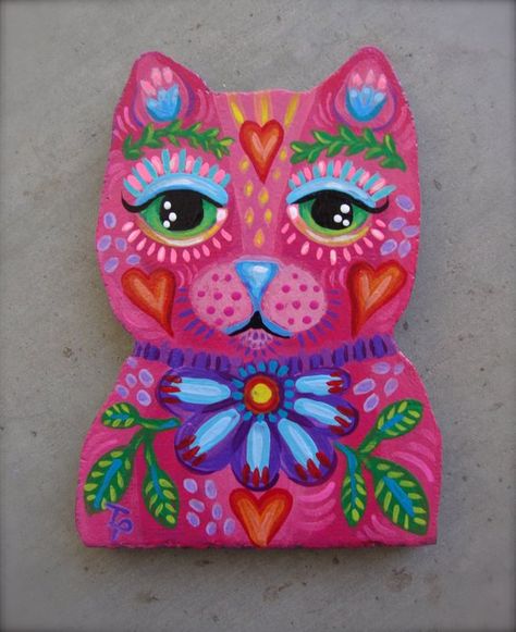 Cat Ceramics, Mexican Folk Art Painting, Design On Paper, Draw A Cat, Cat Art Painting, Hispanic Art, Folk Art Cat, Mexican Paintings, Cat Applique